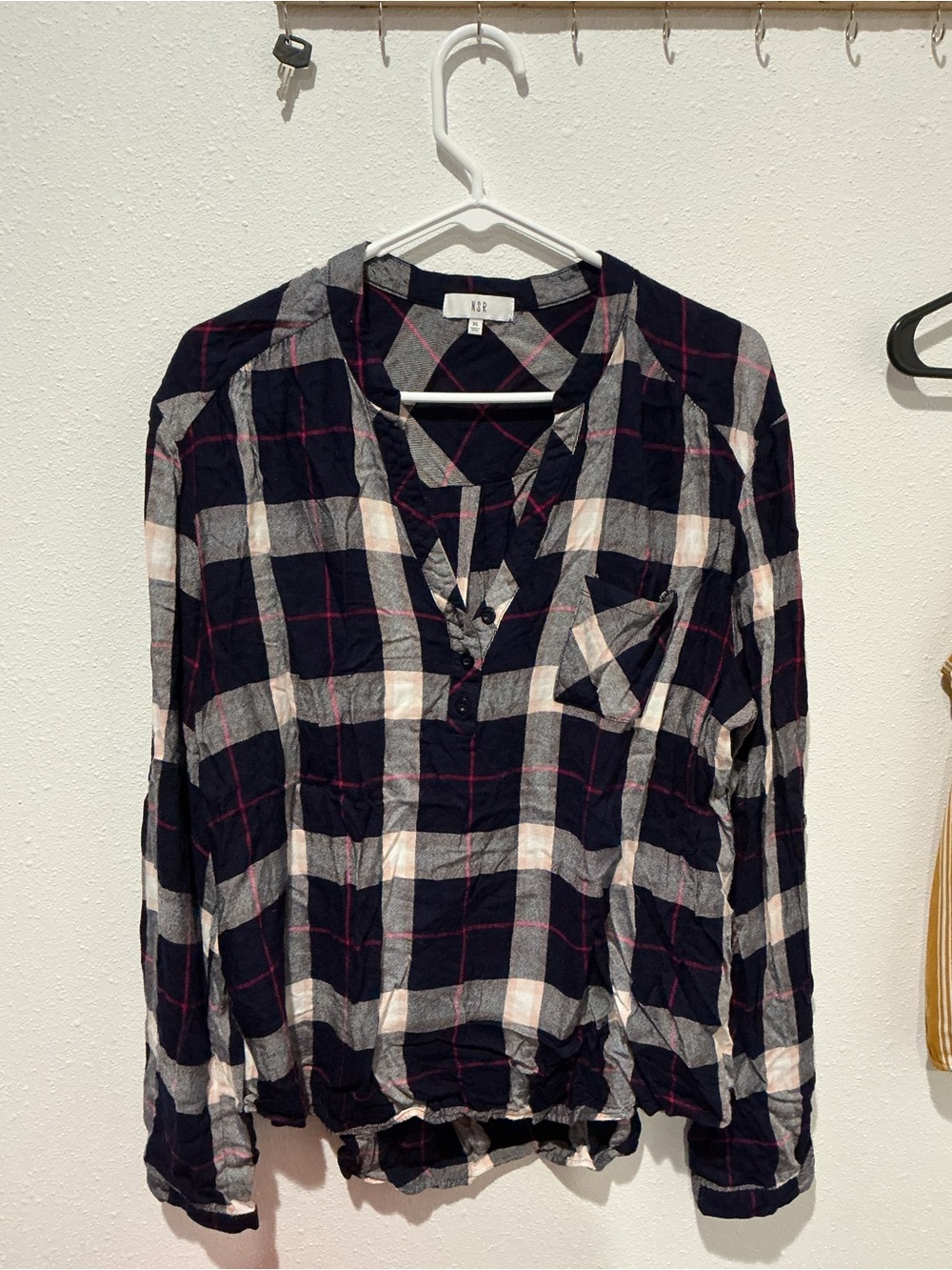 NSR Navy, White and Pink Plaid Button-Front Blouse